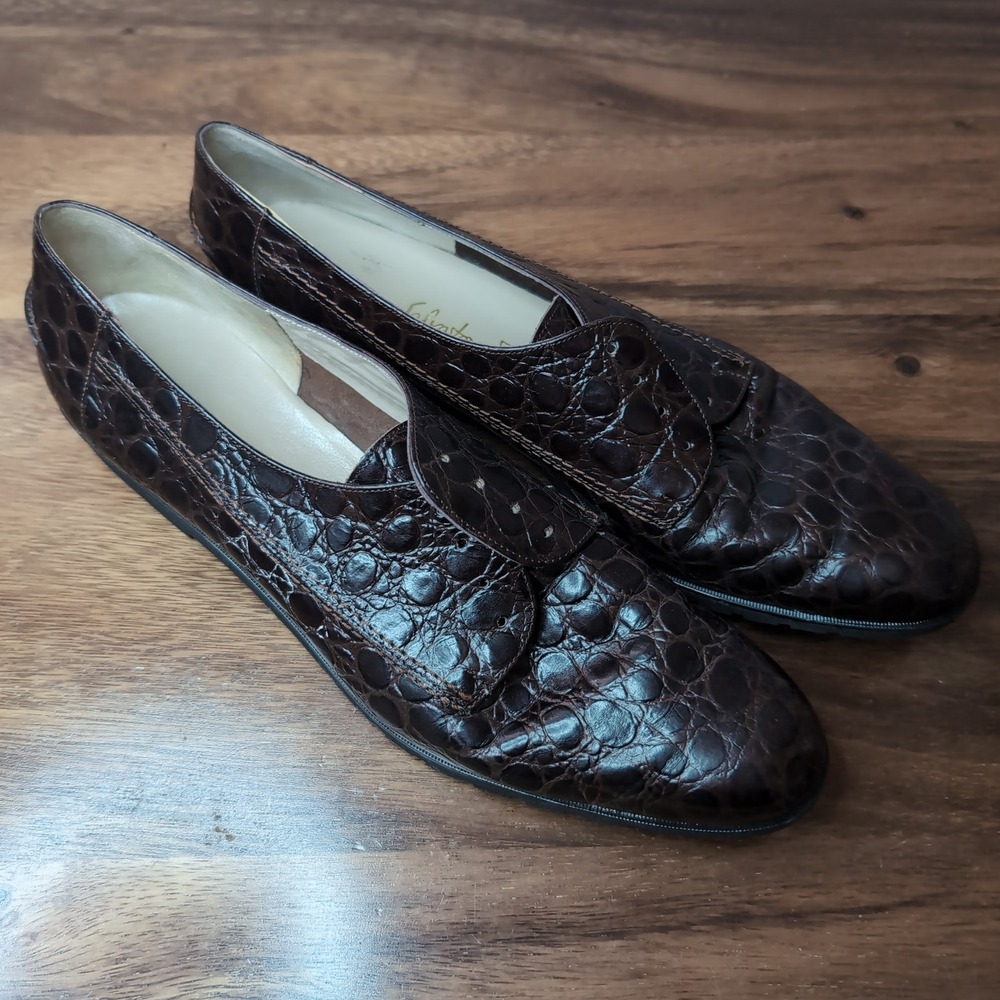 Vtg Salvatore Ferragamo Boutique Brown Croc Embossed Leather Loafers 11 3A Italy